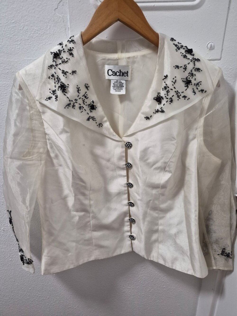 Cachet Beaded Sheer Sleeve Ivory Satin Blouse Size 14 Elegant Formal Top